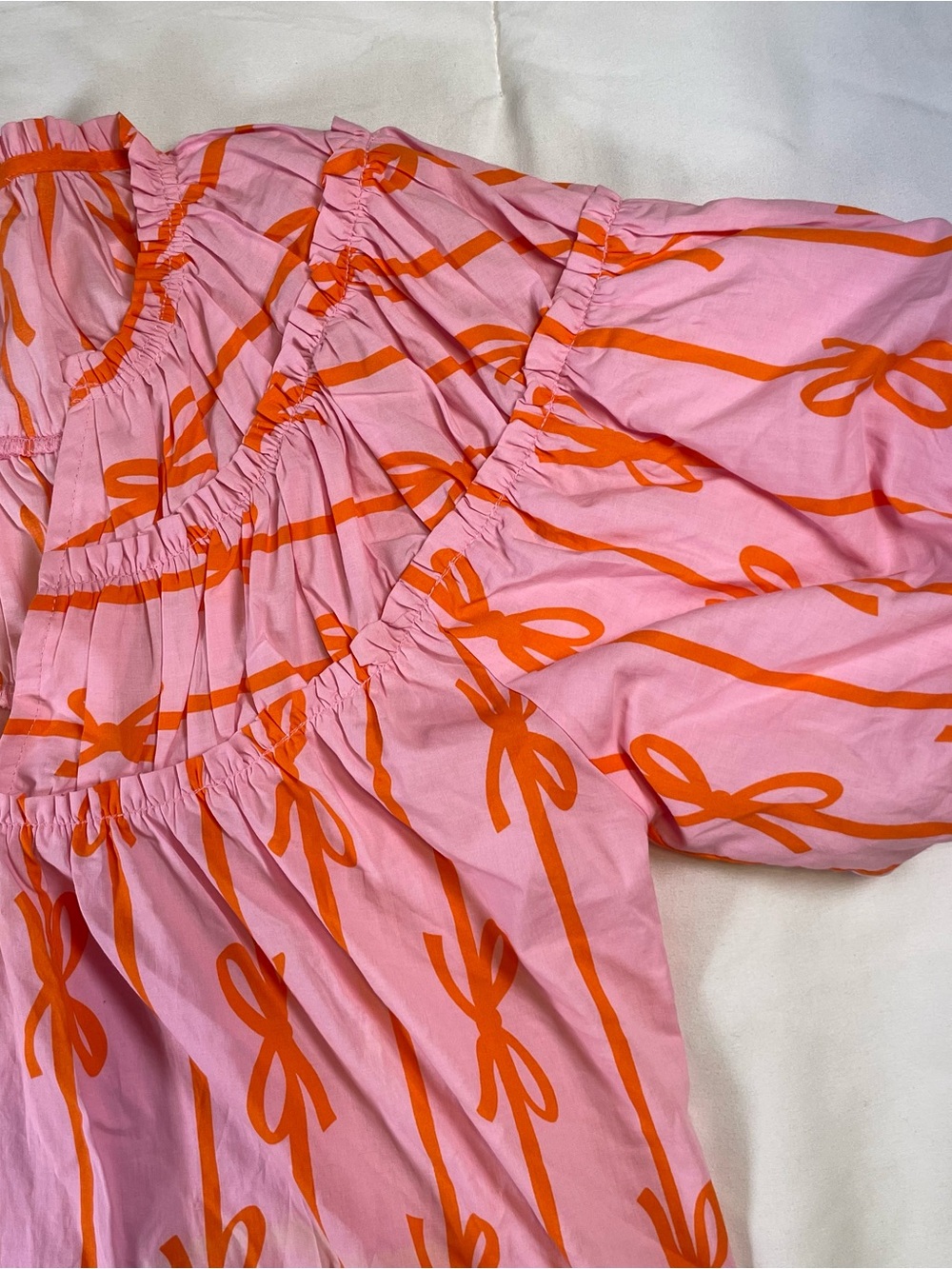Umgee Pink Orange Bow Print Babydoll Tunic Top Puff Sleeve Medium - Picture 5 of 11
